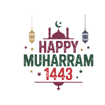 Happy Muharram 1443 Islamic New Year Greeting with Mosque and Lanterns Illustration