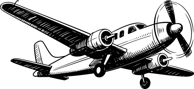 Vintage twin engine propeller airplane in flight, detailed black and white illustration