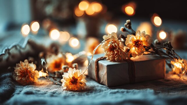 A beautifully wrapped gift box adorned with flowers and fairy lights on a cozy table setting