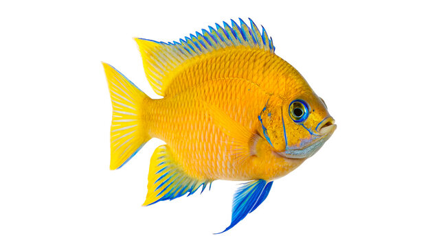 Bright yellow damselfish swimming isolated on transparent background	