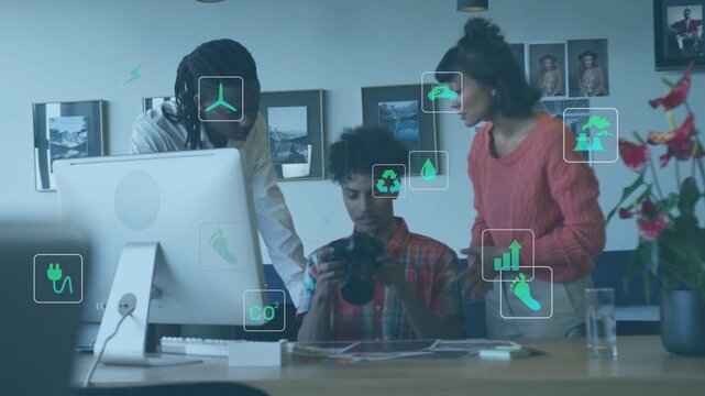 Woman pointing to camera, pro reviewing shots, sorting prints, icons over desk showing design data