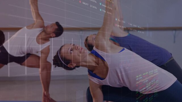 Yoga class holding side pose twisting lifting arms as sequence moving camera pan grid tracking form
