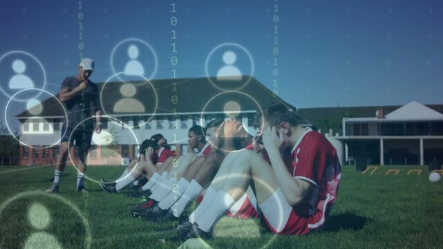 Coach whistling, signaling situps for soccer training as team doing reps, HUD icons drifting over