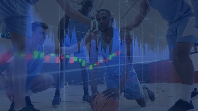 Kneeling player holding ball spurring team huddling, encouraging morale with pulsing finance charts