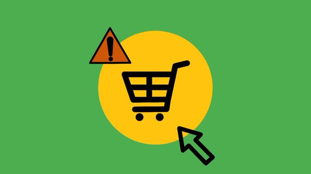 Online purchase scamming concept with clicking shopping cart icon followed by alert warning sign