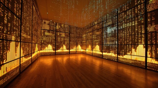 Immersive digital art installation with glowing data projections, futuristic room with light displays, interactive museum exhibit