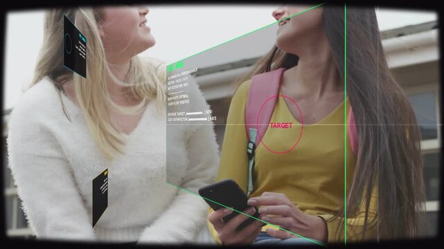 Right girl tapping phone left girl turning HUD panels appearing shifting into green panel for study