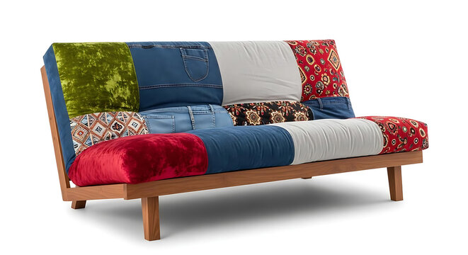 A colorful patchwork sofa with a wooden frame on a white background