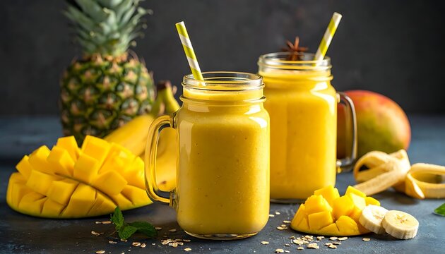 Two yellow smoothies with straws surrounded by sliced mango, pineapple, and banana on a dark background