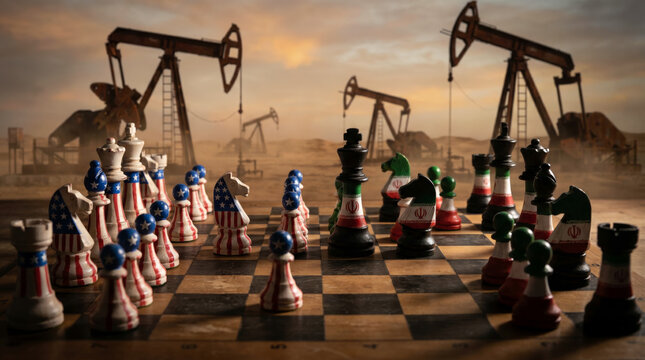USA vs Iran Chess Board Confrontation with Oil Pump Jacks, Geopolitical Conflict Concept