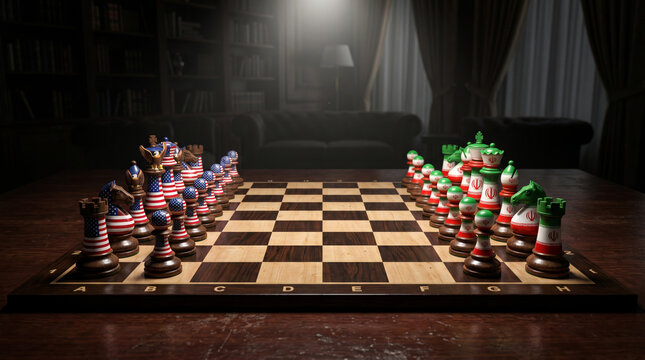 USA vs Iran Chess Board Confrontation, Geopolitical Conflict Concept