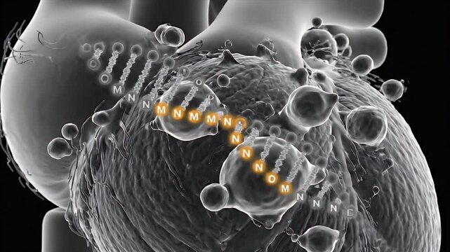 Detailed 3D CGI Visualization of Cellular Protein Synthesis Process Depicting Ribosomal Translation and mRNA Interaction on a Dark Background