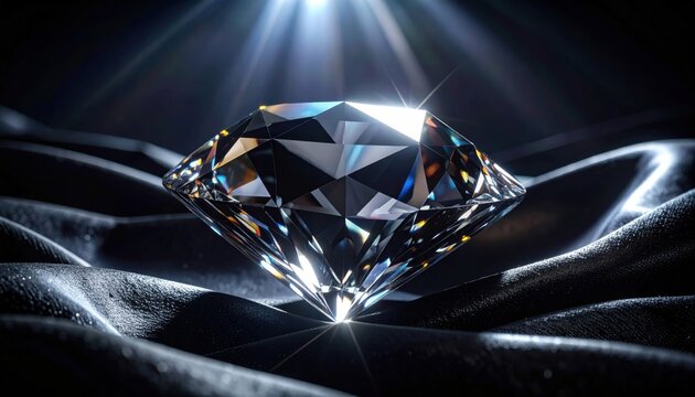 A resplendent, perfectly cut diamond with intense brilliance reflecting light against a dark, textured surface.