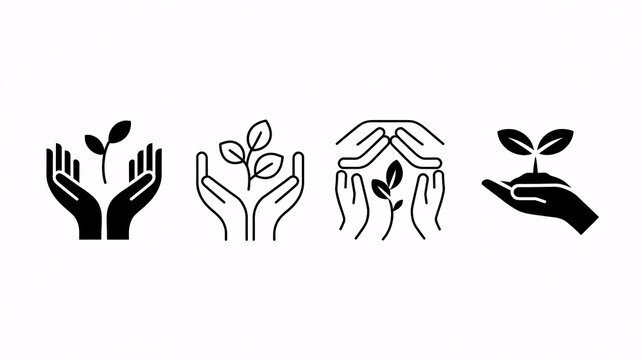 A set of black and white icons depicting hands nurturing small plants