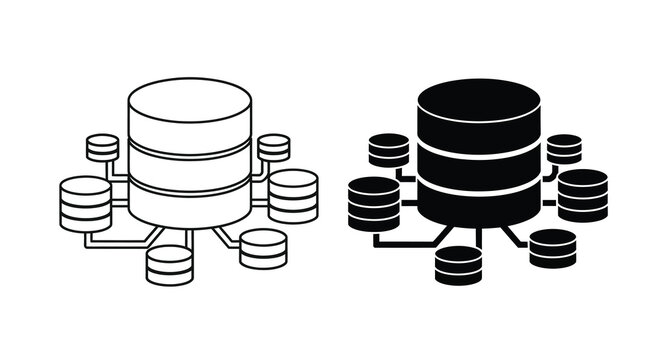 A black and white illustration depicts two cylindrical database structures each connected to smaller cylindrical components high quality