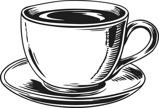 black coffee cup with saucer hand drawn vintage illustration of hot beverage in ceramic mug