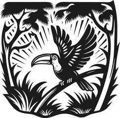 Fototapeta premium Toucan bird perched on branch in tropical jungle with lush plants and trees silhouette