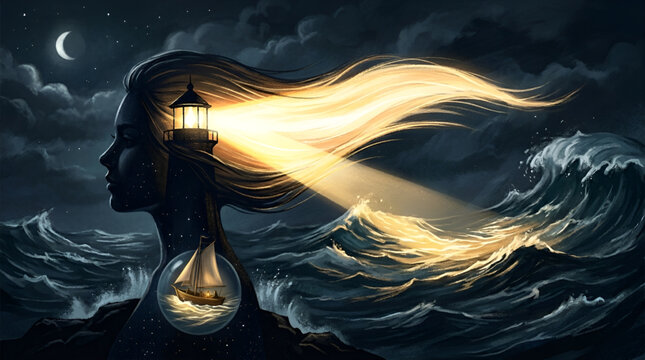 Motherhood concept illustration: mother as a guiding light and safe harbor in life&rsquo;s storms. Motherhood concept illustration: mother as a guiding light and safe harbor in life&rsquo;s storms.