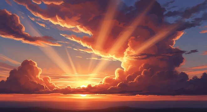 Dramatic sunset with radiant light beams through dynamic cloud formations