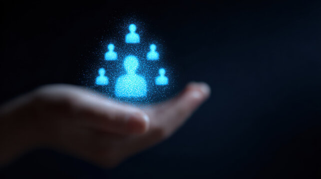 Glowing blue data icons of people floating above hand on dark background representing digital connection and network