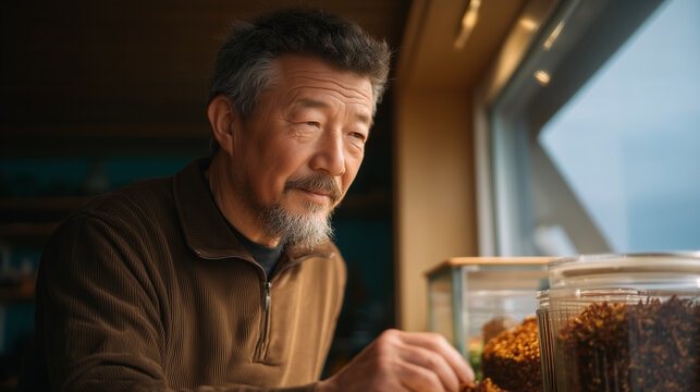 Korean man in his sixties arranging dried chili peppers from home country on apartment windowsill, comparing them to local grocery store produce beside him, immigrant homesickness, cultural food mem