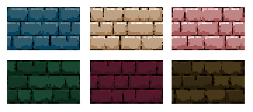 8-bit dungeon building blocks for retro game development and design. Collection game asset of pixel art stone floor and wall tilesets in various colors. Stone masonry textures for 2D platformer games.