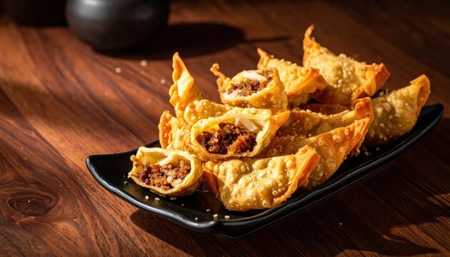 Golden Crispy Fried Wontons with Savory Meat Filling Served on a Black Plate on a Wooden Table
