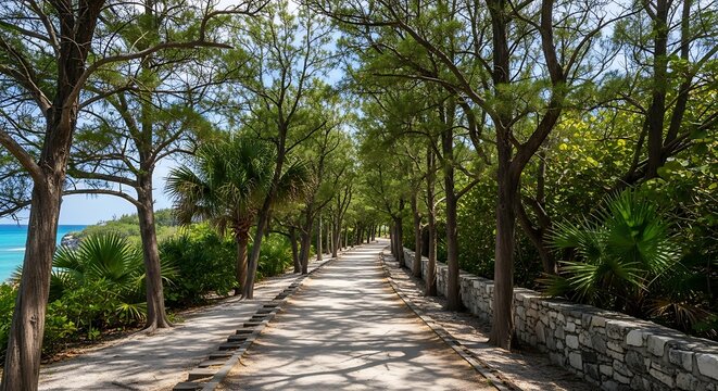 Pathway lined with trees leading to the oceanfront on a sunny day