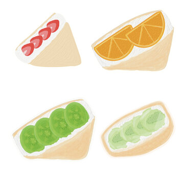 Assorted Japanese fruit sando set with strawberry, orange, kiwi, and green grape, oil painting impasto texture