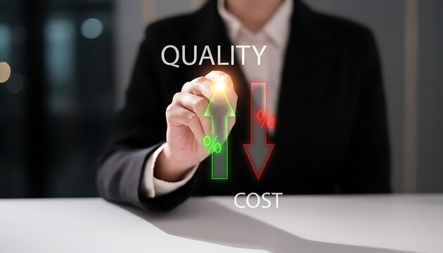 Business person showing graph of increasing quality and decreasing cost