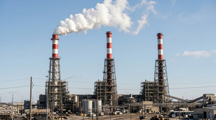 Fototapeta premium Industrial Skyline and Emission: A visual representation of industry's footprint, showcasing smokestacks releasing emissions into the atmosphere, set against a clear blue sky.