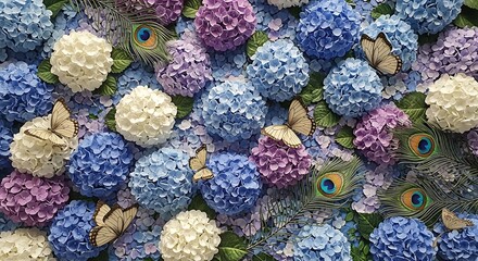 Fototapeta premium Hydrangea floral wallpaper with butterflies and peacock feathers, 3D aesthetic