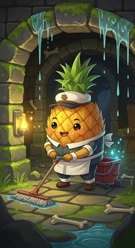 Animated image of a smiling pineapple character dressed as a janitor, cleaning a stone dungeon with a mop and bucket