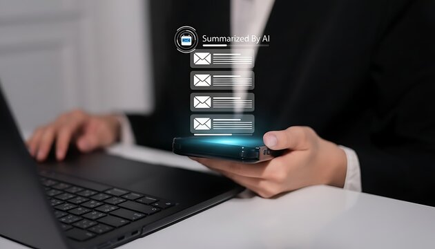 Professional Using Smartphone for AI Email Summarization and Inbox Management Technology