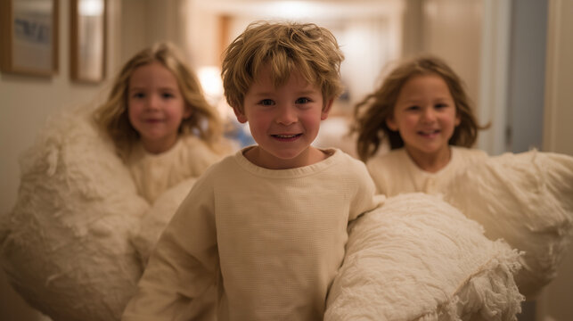 Three children in pajamas staging elaborate pillow barricade across hallway to delay bedtime, parent approaching with arms folded suppressing laughter, bedtime stall tactics, family humor moment, do