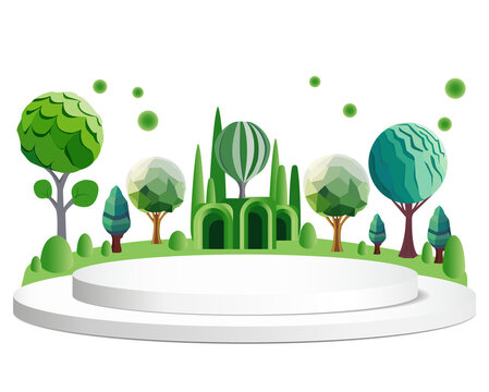 Podium empty display with landscape green tree in the park on light blue background, PNG