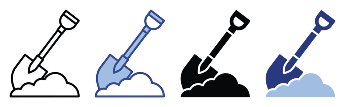Shovel digging into a pile of soil in various icon styles for gardening construction and ground breaking projects