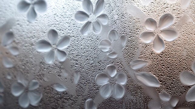 Frosted glass texture with embossed floral pattern, decorative window film with white flower motifs, elegant translucent glass surface for interior design