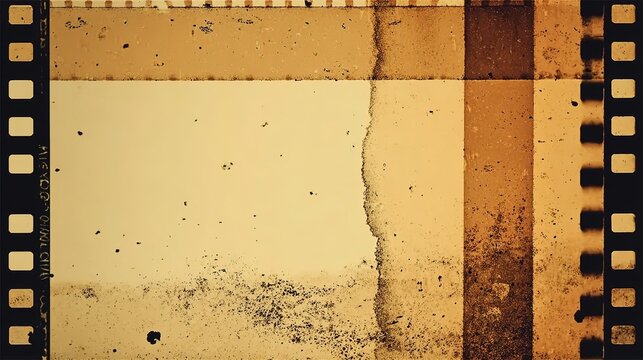 Vintage old film still background, faded beige central area with sepia backdrop, dark brown perforated film strips on sides, grainy texture, dark blemishes and vertical scratch on right