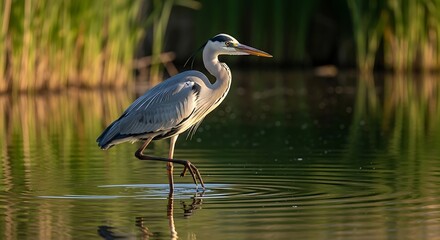 Naklejka premium Elegant heron standing in calm water with green foliage background