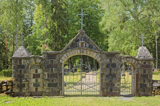 Main gate (Hellamaa kalmistu, peav&auml;rav) of the Hellamaa cemetery (Hellamaa kalmistu) located in Muhu, Estonia, Europe.
