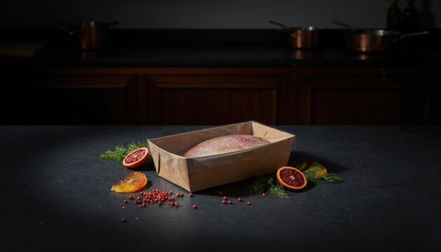 Artisanal red snapper packaging in moody restaurant setting