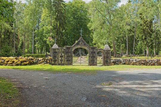 Main gate (Hellamaa kalmistu, peav&auml;rav) of the Hellamaa cemetery (Hellamaa kalmistu) located in Muhu, Estonia, Europe.