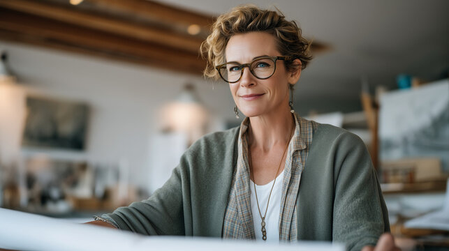Successful architect woman redesigning her home studio after last child moved out, rolling up old blueprints beside vision boards for personal projects, empty nest professional reinvention, 50s woma