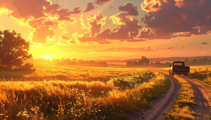 Obraz premium Golden Sunset Over Rural Landscape with Vintage Truck on Dirt Road.
