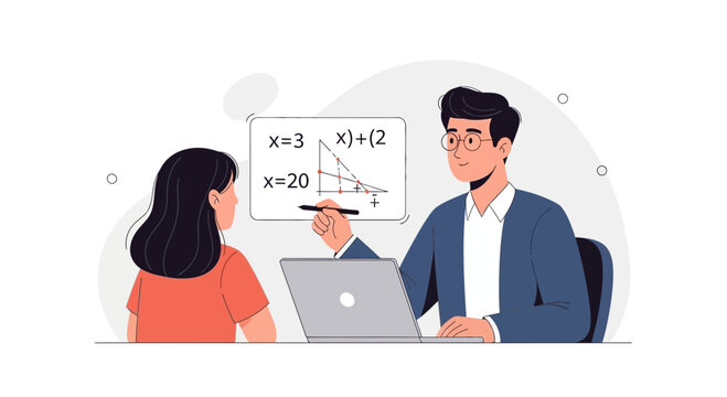 Student learning math with teacher online, virtual education, remote learning, math lesson