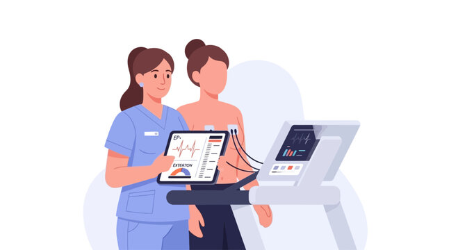 Cardiologist monitoring patient on treadmill stress test with ECG machine and tablet