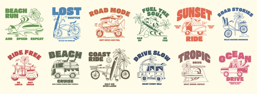 Vintage Surfing Beach T shirt Designs Bundle. Retro Summer Riding on the Beach, Trip, Vacation, Holiday. Cartoon Vector Illustration Set. Tropical Paradise Graphic Tee Collection for Print.