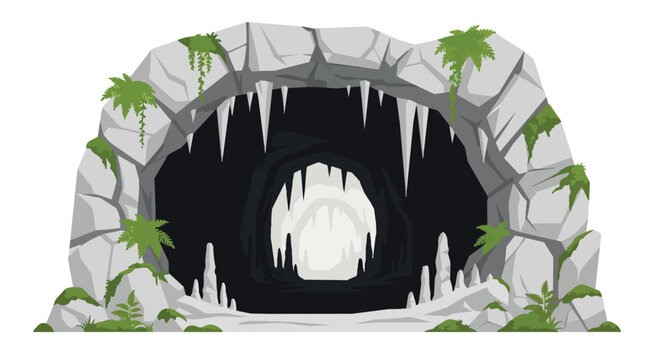 Cartoon Cave Entrance Illustration with Stalactites Stalagmites and Green Moss on Rocky Stone Arch