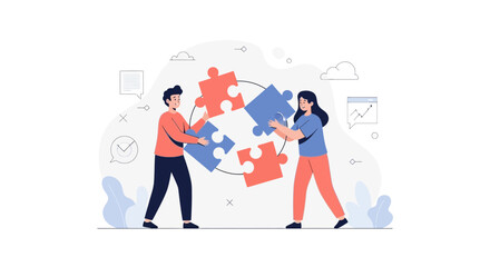 Fototapeta premium Teamwork concept: people assembling puzzle pieces, collaboration, strategy, problem solving